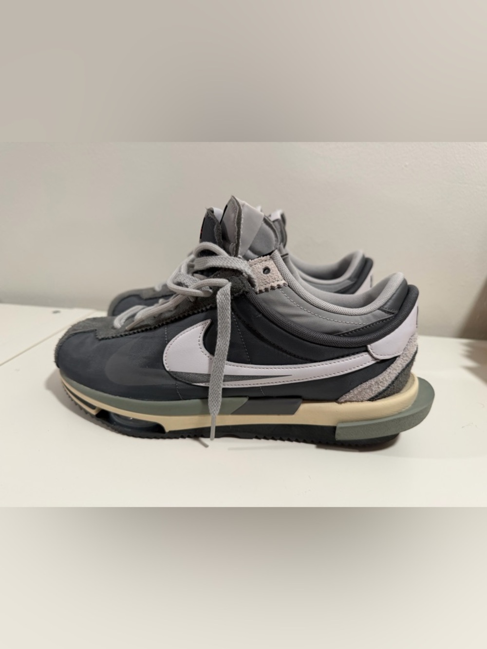 Nike Zoom Cortez Sacai Dual-Layer Gray & White Swoosh Sneakers